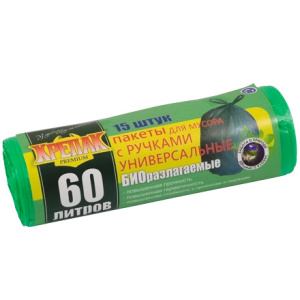 Мешок дмусора ПНД 60 л (15 шт.) рулон с ручками зеленый 13 мкм КРЕПАК БИО (150 шт.)