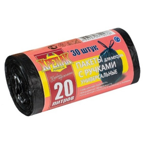 Мешок дмусора ПНД 20л (30 шт.)  рулон с ручками черный 10мкм КРЕПАК (150 шт.)